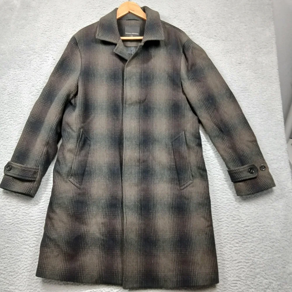 Banana Republic Coat Mens Medium Brown‎ Plaid Wool Blend Topcoat Italian Fabric